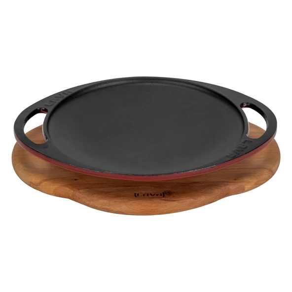 Lava Döküm Yuvarlak Saç Kavurma Tavası Döküm Demir Yekpare Çift Kulplu Kayın Servis Ahşabı Çap(Ø)20cm.-Bordo ürün görseli