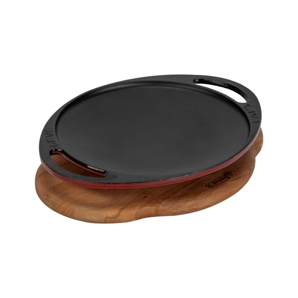 Lava Döküm Yuvarlak Saç Kavurma Tavası Döküm Demir Yekpare Çift Kulplu Kayın Servis Ahşabı Çap(Ø)20cm.-Bordo - Resim 2