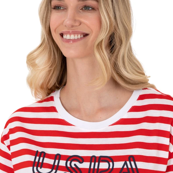 Kadın Kırmızı Çizgili Bisiklet Yaka Tişört - Resim 4