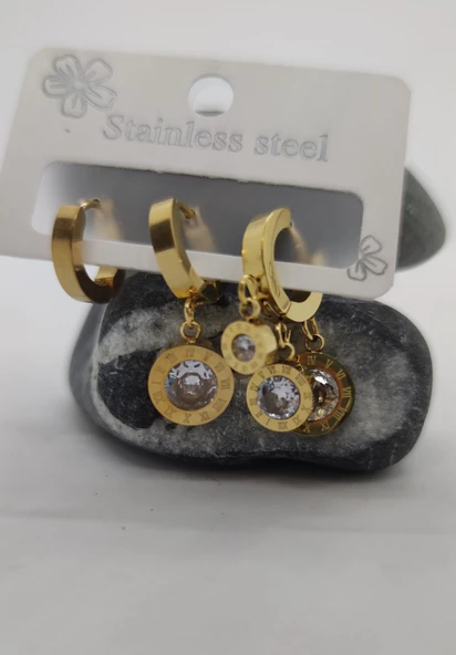 3lü Tek Taşlı Çelik Küpe ürün görseli