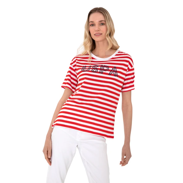 Kadın Kırmızı Çizgili Bisiklet Yaka Tişört - Resim 3