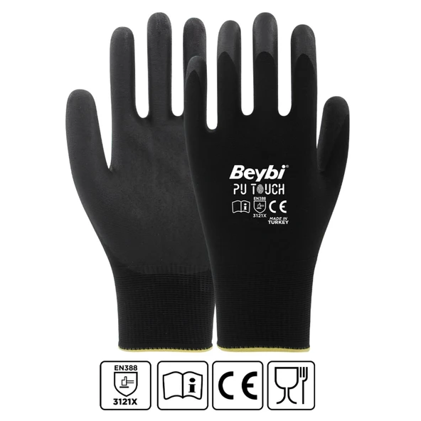 Beybi Poliüretan Kaplı Pu Touch Eldiven Siyah No:8