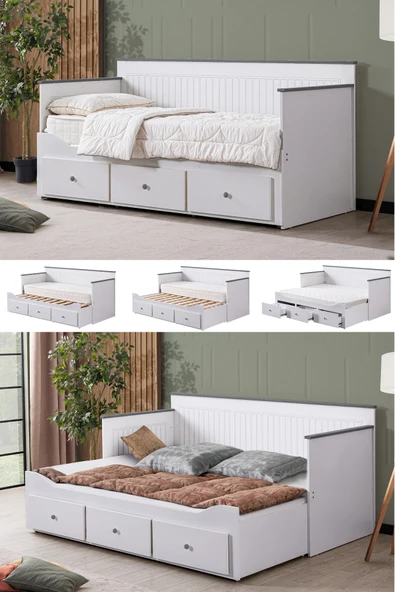 Yavrulu Karyola, Marmaris Divan Karyola Çekmeceli Açılır Çift Kişilik Karyola + Soft Yatak -Antrasit - 1