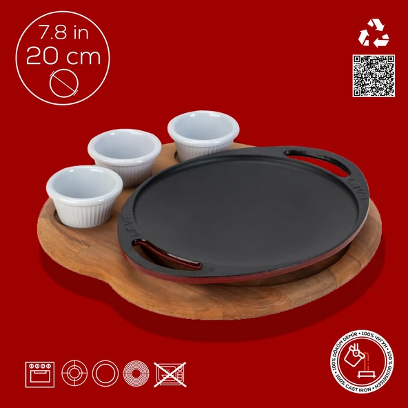 Lava Döküm Yuvarlak Saç Kavurma Tavası Döküm Demir Yekpare Çift Kulplu Kayın Servis Ahşabı Çap(Ø)20cm. (Sos kapları dahil değildir)-Bordo - Resim 4