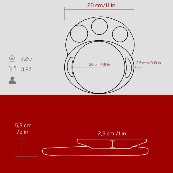Lava Döküm Yuvarlak Saç Kavurma Tavası Döküm Demir Yekpare Çift Kulplu Kayın Servis Ahşabı Çap(Ø)20cm. (Sos kapları dahil değildir)-Bordo - Resim 5