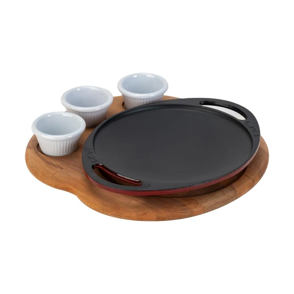 Lava Döküm Yuvarlak Saç Kavurma Tavası Döküm Demir Yekpare Çift Kulplu Kayın Servis Ahşabı Çap(Ø)20cm. (Sos kapları dahil değildir)-Bordo - Resim 2