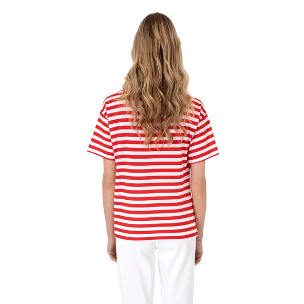 Kadın Kırmızı Çizgili Bisiklet Yaka Tişört - Resim 7