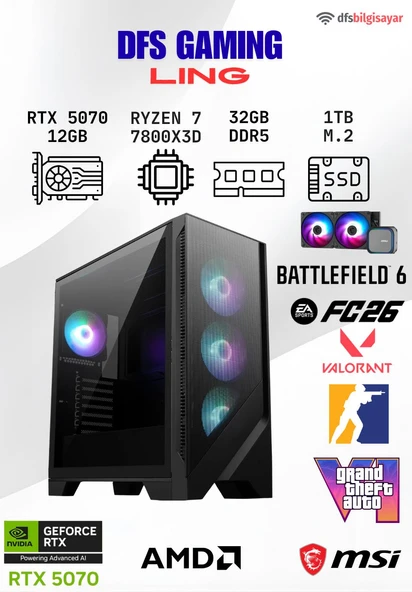 DFS GAMING LING RYZEN 7 7800X3D-B650M-RTX 5070 12GB-32GB DDR5 RAM-1TB M.2 SSD-OYUNCU BİLGİSAYARI ürün görseli