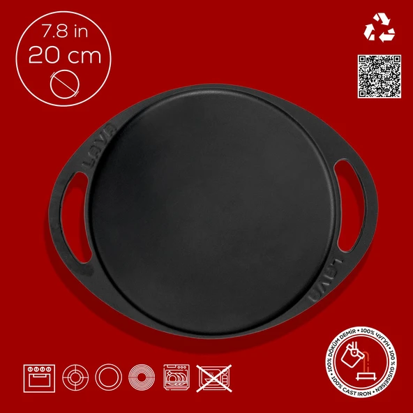 Lava Döküm Yuvarlak Saç Kavurma Tavası Döküm Demir Yekpare Çift Kulplu Çap(Ø)20cm.-Bordo - Resim 4