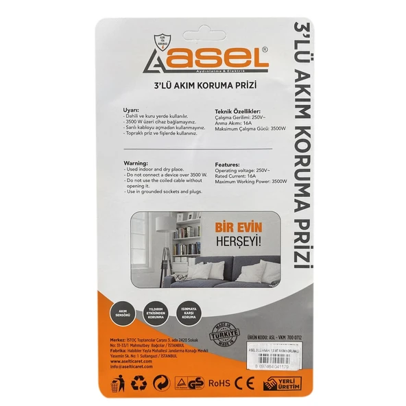 Asel 3'Lü Akım Korumalı 1,5mt Kablo Priz - 2