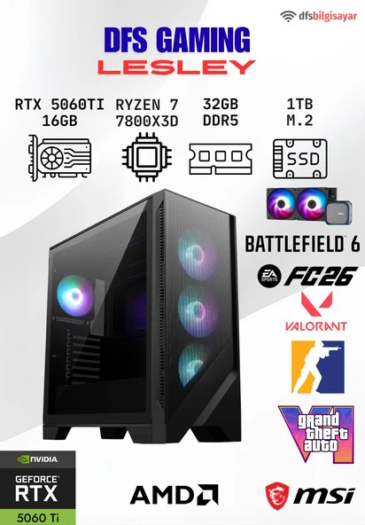DFS GAMING LESLEY RYZEN 7 7800X3D-B650M-RTX 5060 TI 16GB-32GB DDR5 RAM-1TB M.2 SSD-OYUNCU BİLGİSAYARI ürün görseli 1