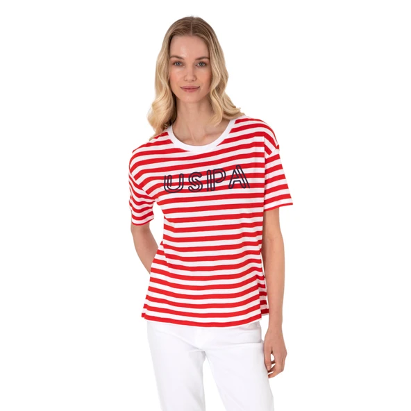 Kadın Kırmızı Çizgili Bisiklet Yaka Tişört - Resim 2