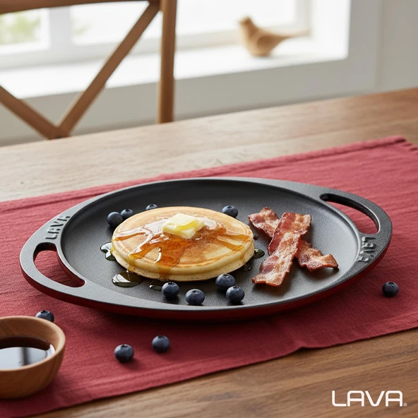 Lava Döküm Yuvarlak Saç Kavurma Tavası Döküm Demir Yekpare Çift Kulplu Çap(Ø)20cm.-Bordo - Resim 7