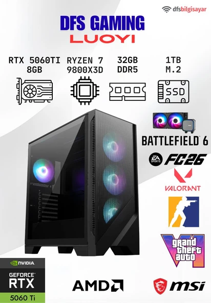 DFS GAMING LUOYI RYZEN 7 9800X3D-B650M-RTX 5060 TI 8GB-32GB DDR5 RAM-1TB M.2 SSD-OYUNCU BİLGİSAYARI ürün görseli