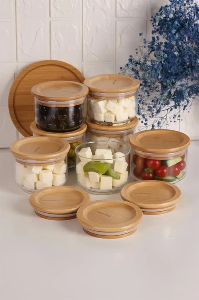 Bambum Duo 300ml 6'lı Beyaz Tepsili Bambu Kapaklı Cam Kahvaltılık - Resim 5