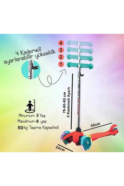 Tech bello 4 Tekerlekli (ARKA ÇİFT TEKERLEK) Metal Mandallı Yükseklik Ayarlı Işıklı Scooter - 8