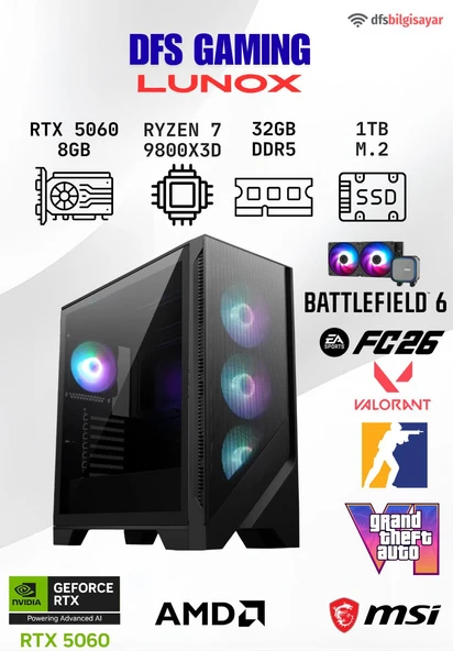 DFS GAMING LUNOX RYZEN 7 9800X3D-B650M-RTX 5060-32GB DDR5 RAM-1TB M.2 SSD-OYUNCU BİLGİSAYARI ürün görseli