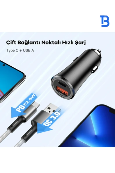 bello 52.5w 1x Usb 1x Type-c Hızlı Araç Şarjı Çakmaklık Girişli Bc-02 - Resim 3