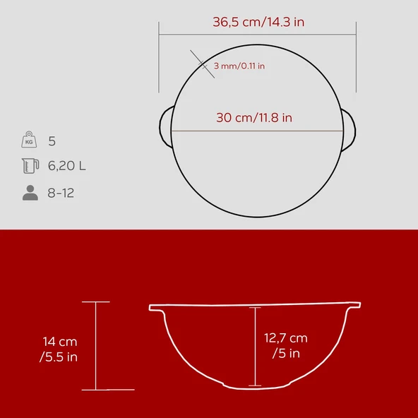 Lava Döküm Yuvarlak Özbek Kazanı / Tencere. Döküm Demir Yekpare Kulplu Çap(Ø)30cm.-Bordo - Resim 5