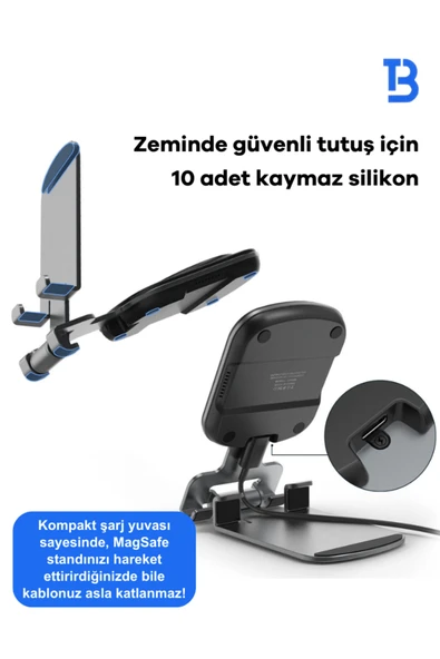 Tech&bello accessories 15W Metal Masaüstü Hızlı Magsafe Kablosuz Şarj Ve Telefon Tutucu Standı 2'si 1 arada - Resim 4