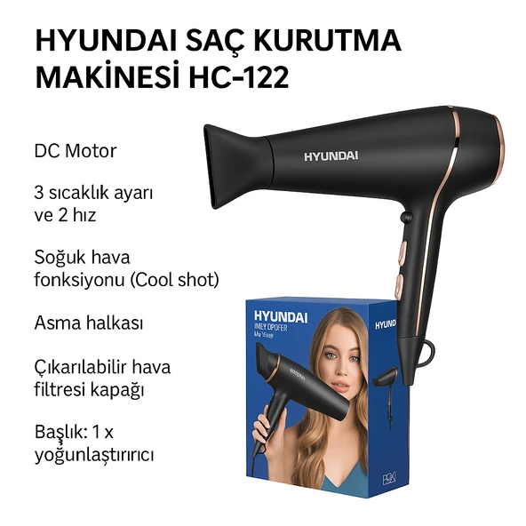 Hyundai HC-122 Profesyonel Saç Kurutma Makinesi 1800W  3 Isı Ayarı, 2 Hız, Soğuk Hava Fonksiyolu