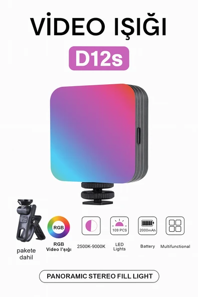 D12s RGB Video Işığı  2500K 9000K Renk Sıcaklığı   2000mAh Batarya