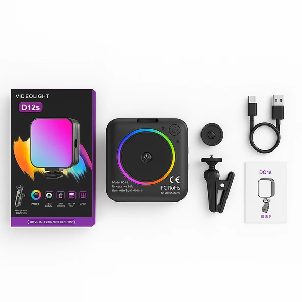 D12s RGB Video Işığı  2500K 9000K Renk Sıcaklığı   2000mAh Batarya - 6