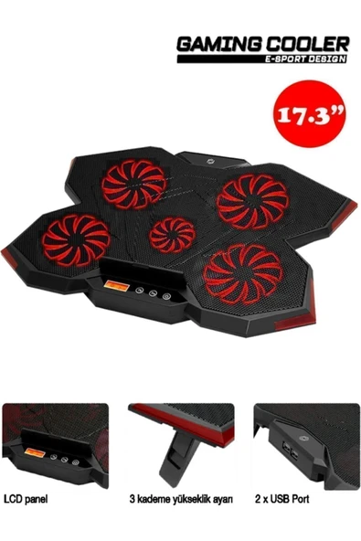 FRISBY Fnc-5255b Gp5 E-sport Design 5 Fanlı Ledli Lcd Kontrol Panelli 15-17" Pro Standlı Notebook Soğutucu ürün görseli