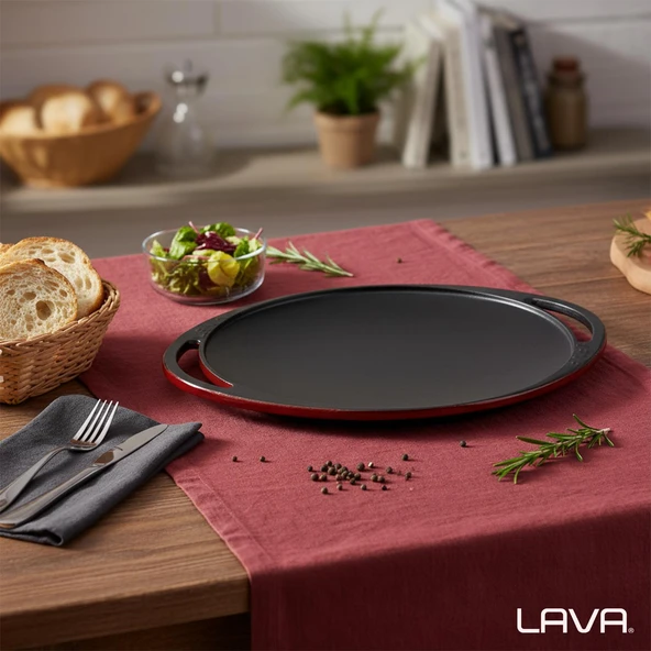 Lava Döküm Yuvarlak Saç Kavurma Tavası Döküm Demir Yekpare Çift Kulplu Çap(Ø)28cm.-Bordo - Resim 7