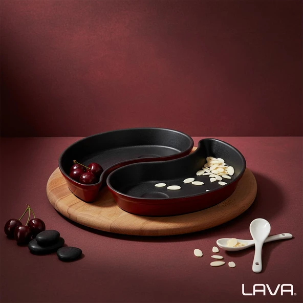 Lava Döküm Damla Formlu 2'li Set Yingyang Fajita Tabağı Kayın Servis Ahşabı Ölçü 10x20cm.-Bordo - Resim 7
