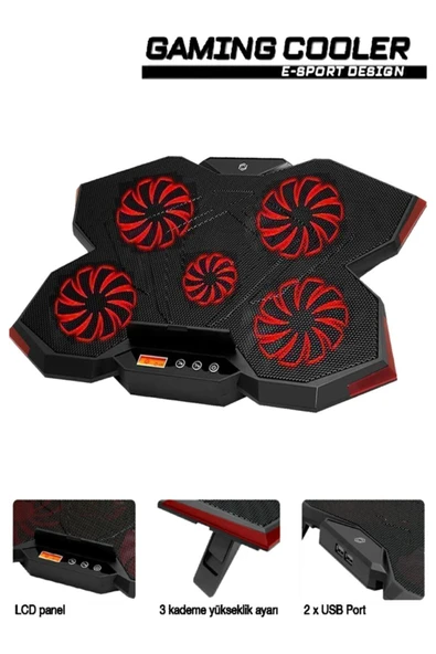 FRISBY Fnc-5255b Gp5 E-sport Design 5 Fanlı Ledli Lcd Kontrol Panelli 15-17" Pro Standlı Notebook Soğutucu - Resim 2
