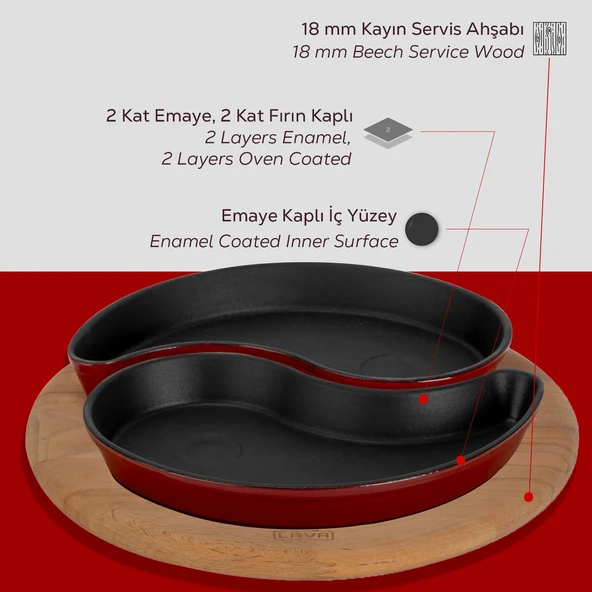 Lava Döküm Damla Formlu 2'li Set Yingyang Fajita Tabağı Kayın Servis Ahşabı Ölçü 10x20cm.-Bordo - Resim 6