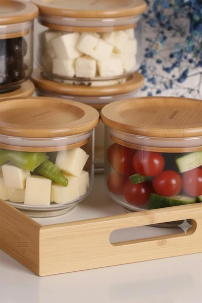 Bambum Duo 300ml 6'lı Beyaz Tepsili Bambu Kapaklı Cam Kahvaltılık - Resim 4