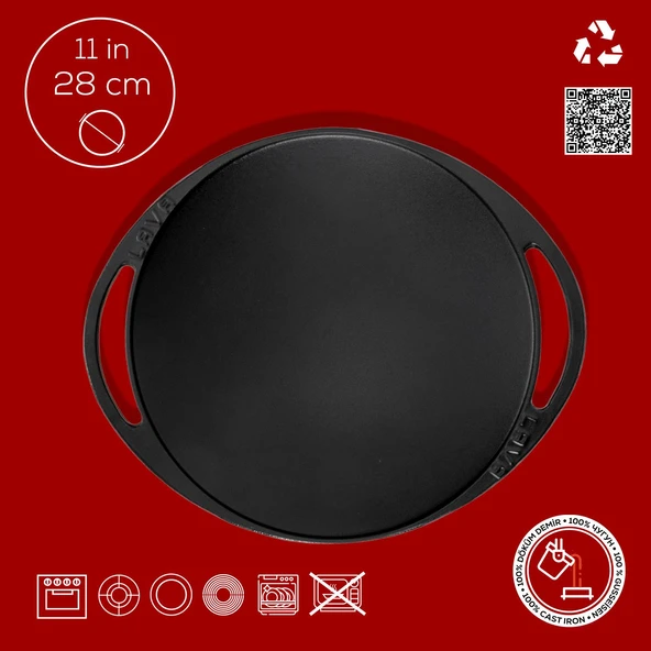 Lava Döküm Yuvarlak Saç Kavurma Tavası Döküm Demir Yekpare Çift Kulplu Çap(Ø)28cm.-Bordo - Resim 4