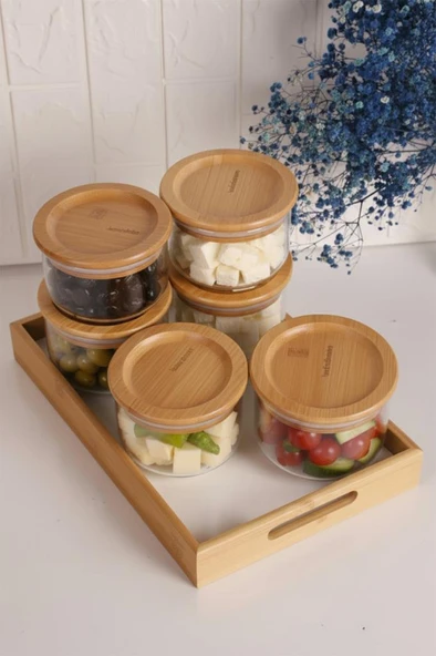 Bambum Duo 300ml 6'lı Beyaz Tepsili Bambu Kapaklı Cam Kahvaltılık - Resim 2