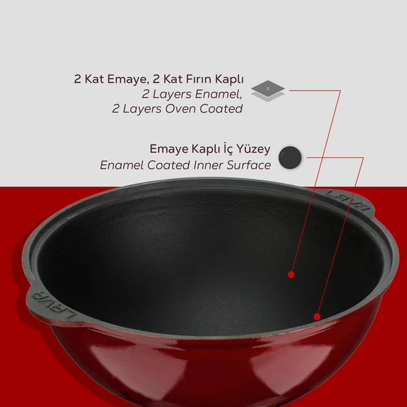 Lava Döküm Yuvarlak Özbek Kazanı / Tencere. Döküm Demir Yekpare Kulplu Çap(Ø)30cm.-Bordo - Resim 6