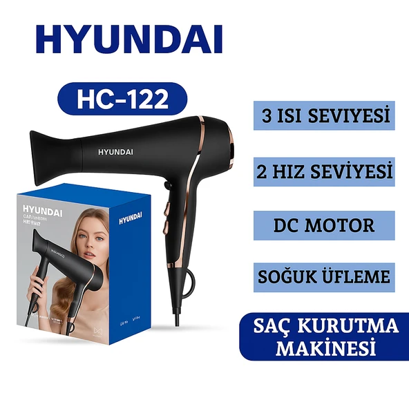 Hyundai HC-122 Profesyonel Saç Kurutma Makinesi 1800W  3 Isı Ayarı, 2 Hız, Soğuk Hava Fonksiyolu - 2
