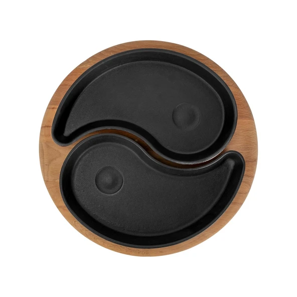 Lava Döküm Damla Formlu 2'li Set Yingyang Fajita Tabağı Kayın Servis Ahşabı Ölçü 10x20cm.-Bordo - Resim 3