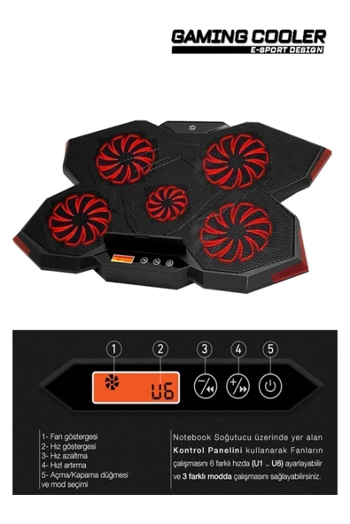FRISBY Fnc-5255b Gp5 E-sport Design 5 Fanlı Ledli Lcd Kontrol Panelli 15-17" Pro Standlı Notebook Soğutucu - Resim 3