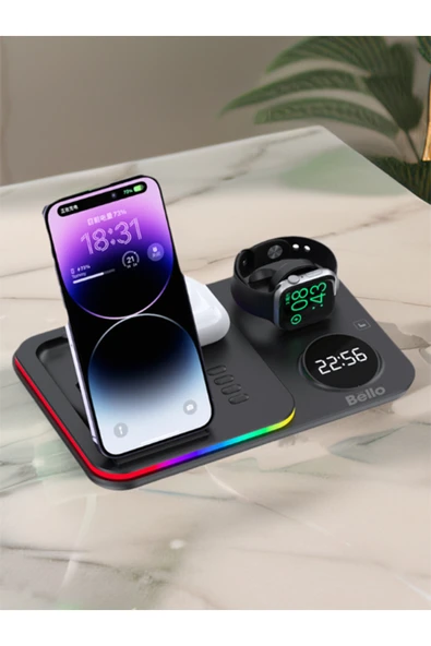 Tech&bello accessories 5in1 Telefon Saat Kulaklık Wireless Şarj Cihazı Rgb Işıklı Katlanabilir 30w A82 - Resim 2