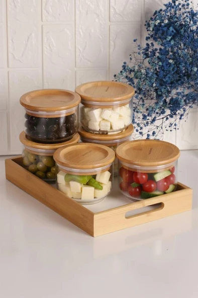 Bambum Duo 300ml 6'lı Beyaz Tepsili Bambu Kapaklı Cam Kahvaltılık ürün görseli