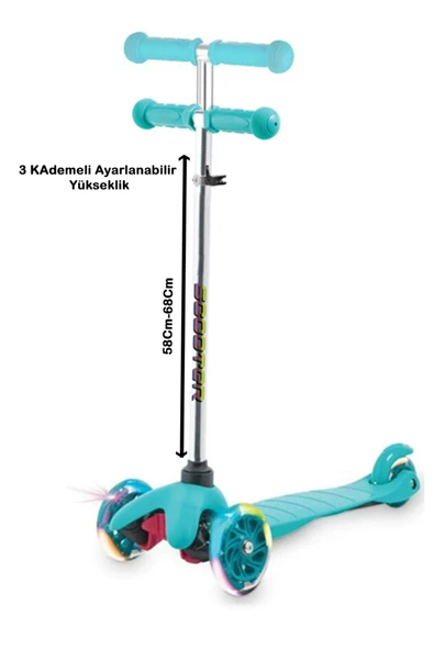 Tntech 3 Tekerlekli (7Renk Işıklı) Gövde Sıkıştırma Mandallı Yükseklik Ayarlı Işıklı Scooter - Resim 2