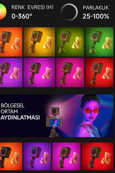 D12s RGB Video Işığı  2500K 9000K Renk Sıcaklığı   2000mAh Batarya - 2