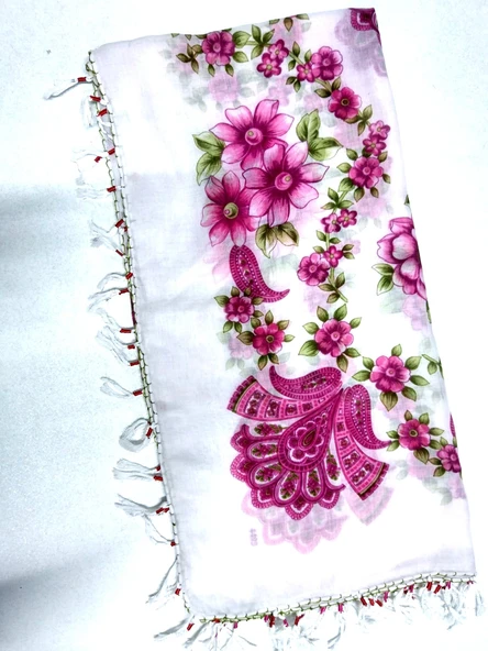 El işi Beyaz Pembe Çiçekli Mekik Oyası Yazma Yemeni ürün görseli 1