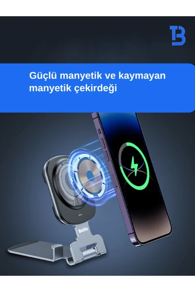 Tech&bello accessories 15W Metal Masaüstü Hızlı Magsafe Kablosuz Şarj Ve Telefon Tutucu Standı 2'si 1 arada - Resim 6