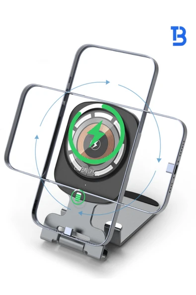 Tech&bello accessories 15W Metal Masaüstü Hızlı Magsafe Kablosuz Şarj Ve Telefon Tutucu Standı 2'si 1 arada - Resim 2