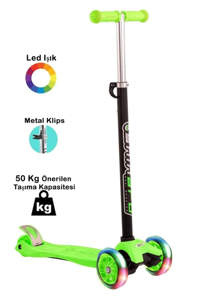 Tech bello 4 Tekerlekli (ARKA ÇİFT TEKERLEK) Metal Mandallı Yükseklik Ayarlı Işıklı Scooter