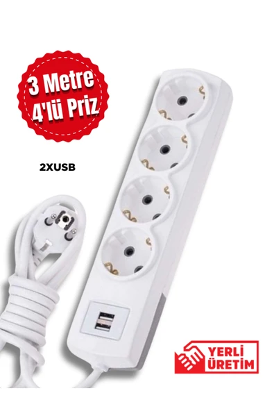 Tntech 4'lü Priz 2 Usb Girişli 3m Uzatma Kablosu 9214 - 1