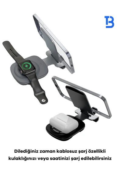 Tech&bello accessories 15W Metal Masaüstü Hızlı Magsafe Kablosuz Şarj Ve Telefon Tutucu Standı 2'si 1 arada - Resim 3