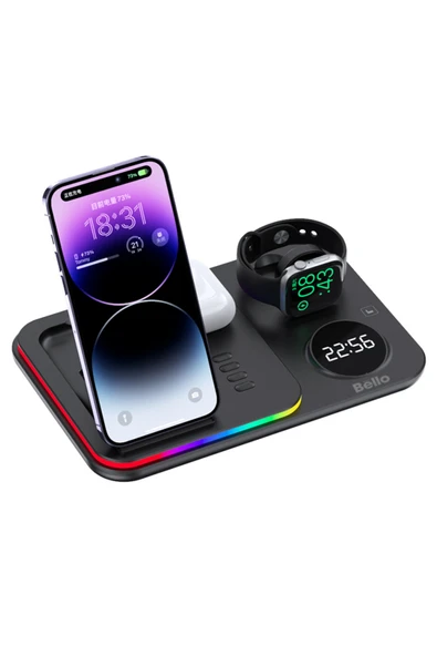 Tech&bello accessories 5in1 Telefon Saat Kulaklık Wireless Şarj Cihazı Rgb Işıklı Katlanabilir 30w A82 ürün görseli